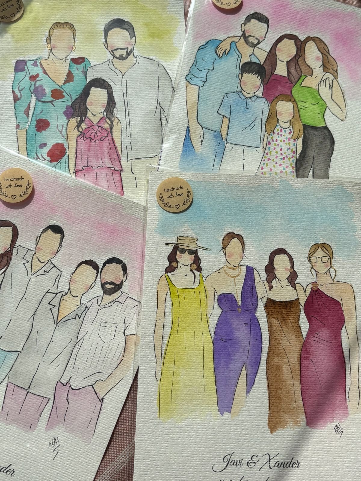 Retratos en acuarela de grupos de amigos y familias
