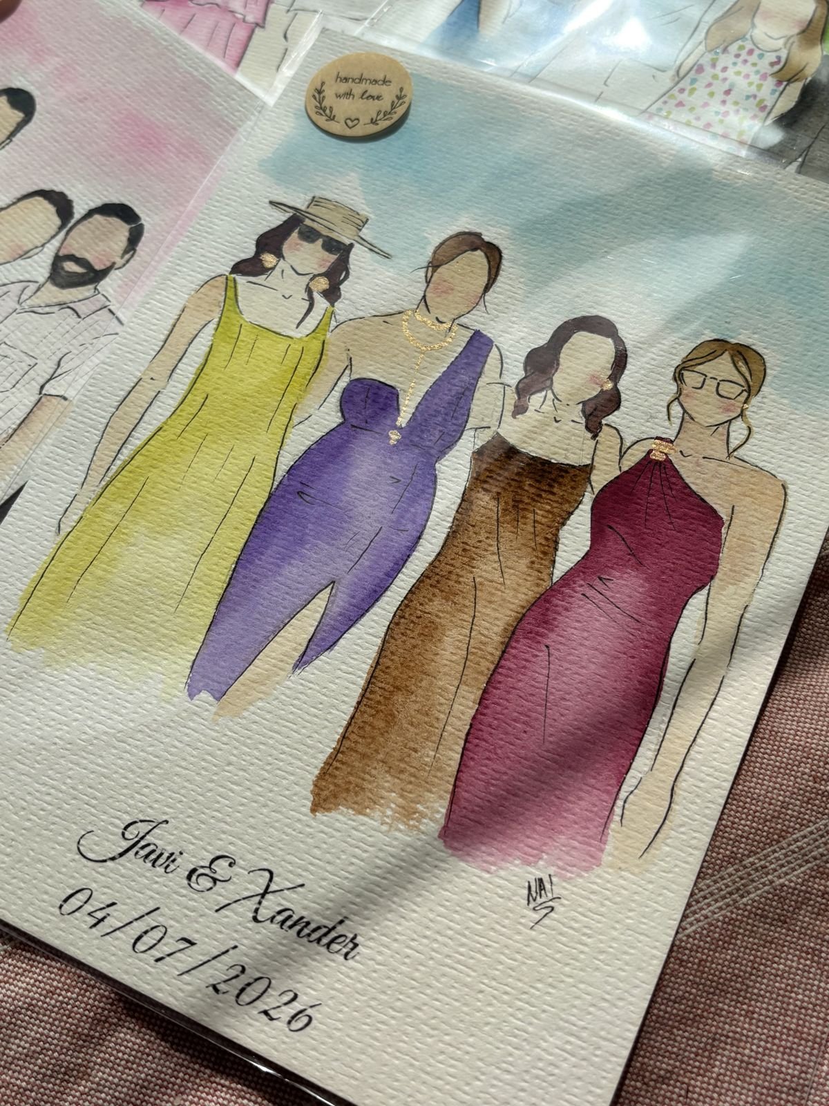 Acuarela de un grupo de amigas con vestidos de colores